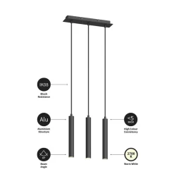 Arcchio LED-pendellampe Franka, 3 lyskilder, lang, sort, aluminium