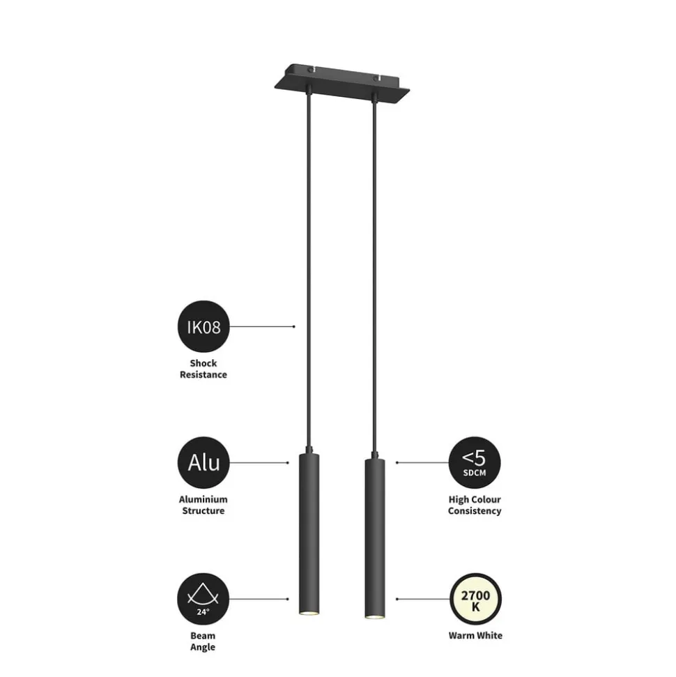 Arcchio LED-pendellampe Franka, 2 lyskilder, sort, aluminium