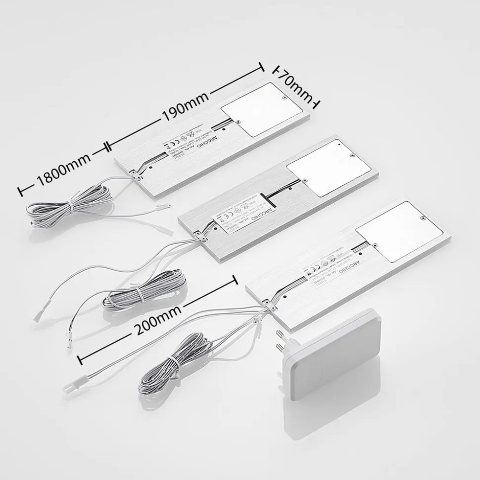 Arcchio LED-underskabsbelysning Nortra, 3-pak, grå, aluminiumsfarvet