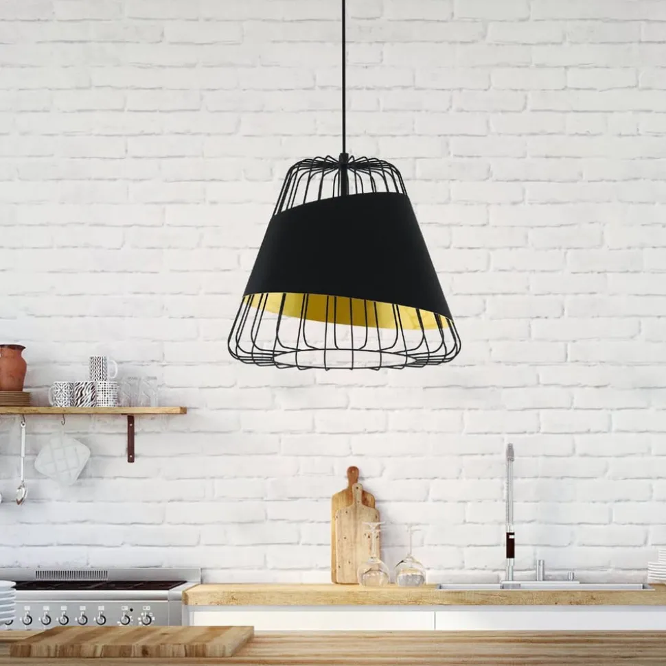 Austell pendellampe, Ø 43 cm, sort/guld, metal, stof