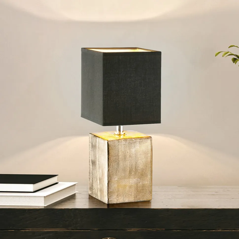 Bordlampe Ouro, sort/antik bronze, 35 cm, tekstil/keramik