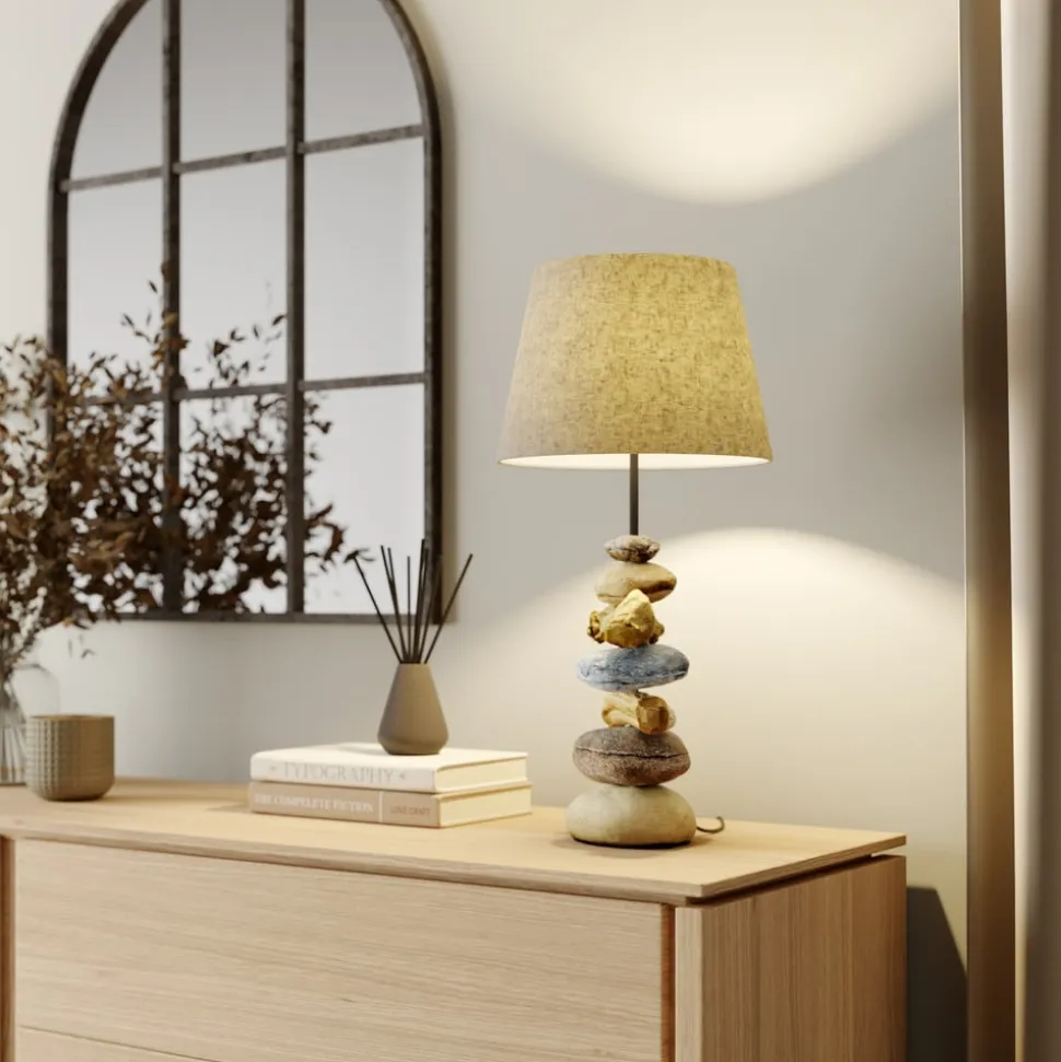 Bordlampe Vera, stofskærm og sten-dekor, 55 cm