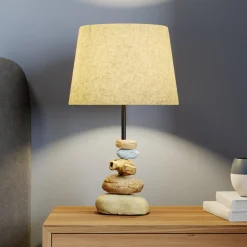 Bordlampe Vera, stofskærm og sten-dekor, 38 cm