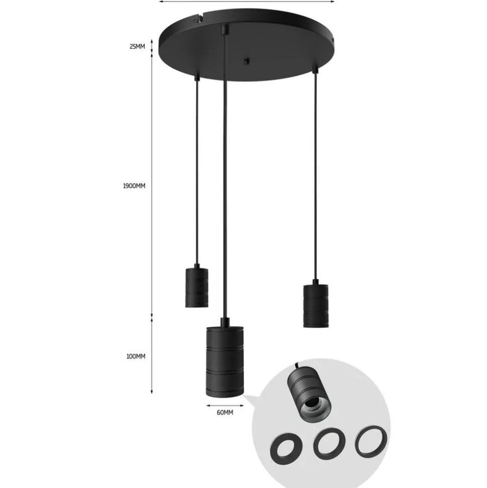 Calex Retro pendellampe, rund, 3 lyskilder, sort