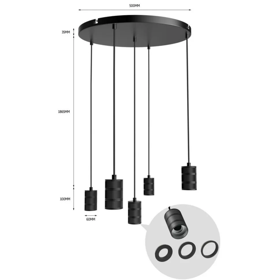 Calex Retro pendellampe, rund, 5 lyskilder, sort