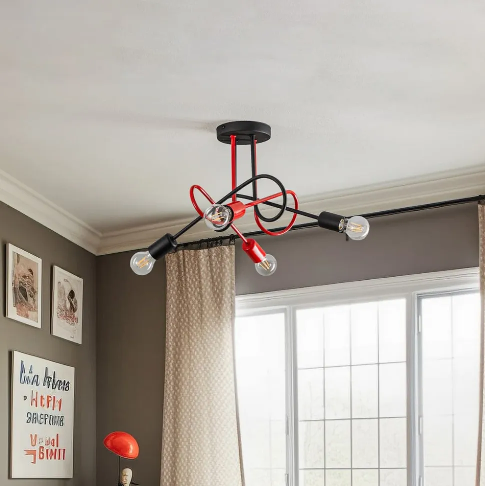 Cambridge loftlampe, 4 lyskilder, sort-rød