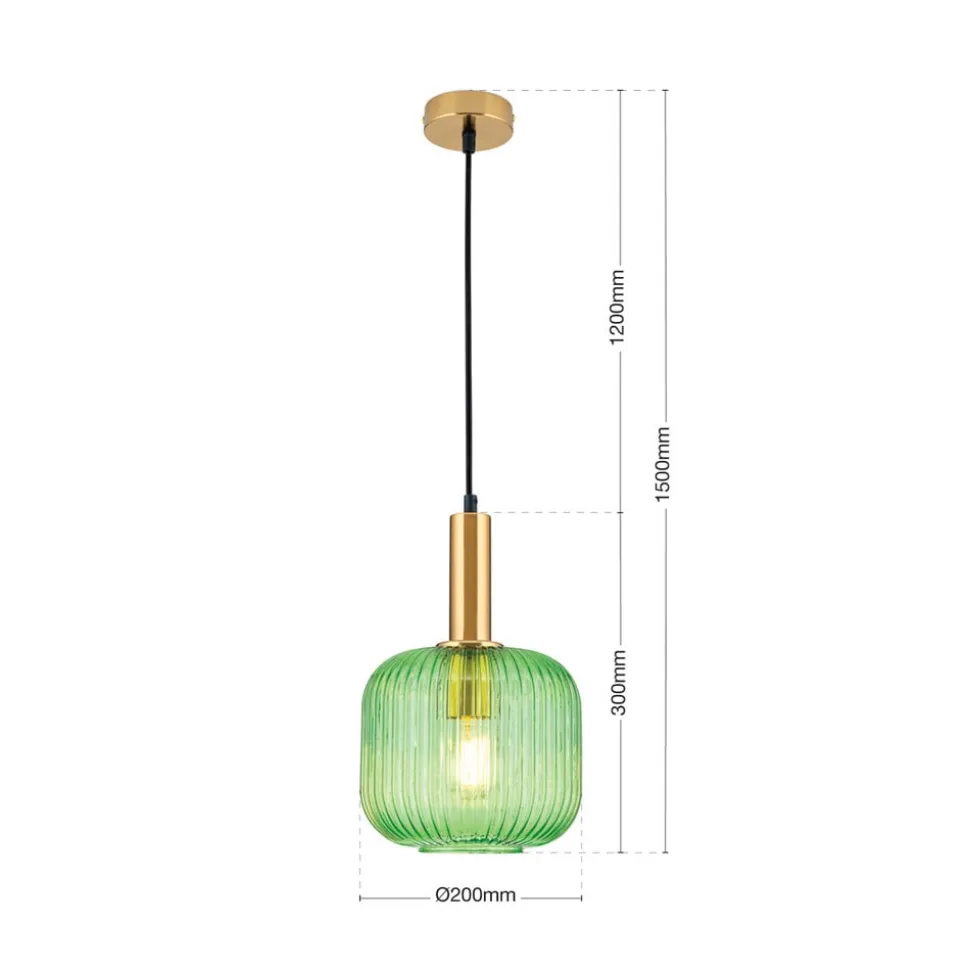 Carneval pendellampe, antik messing/grøn, Ø 20 cm, glas