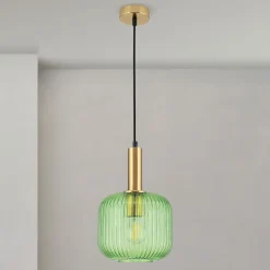 Carneval pendellampe, antik messing/grøn, Ø 20 cm, glas