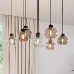 Cubus hængelampe, 85 cm, 8 lyskilder, klar/honning/brun, glas