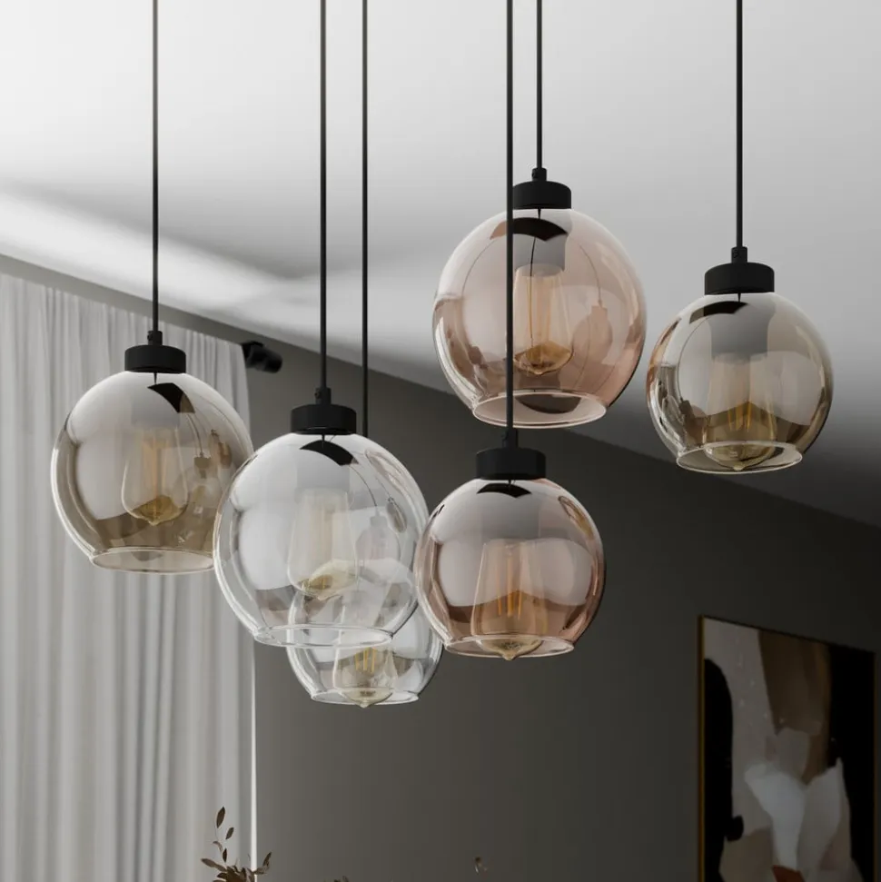 Cubus hængelampe, 74 cm, 6 lyskilder, klar/honning/brun, glas
