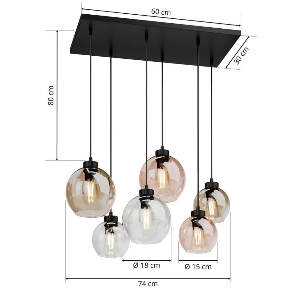 Cubus hængelampe, 74 cm, 6 lyskilder, klar/honning/brun, glas