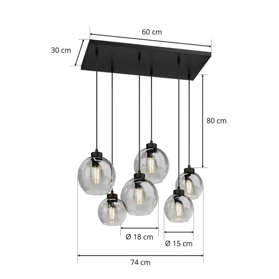 Cubus hængelampe, røggrå, glas, 74 cm lang, 6 lyskilder
