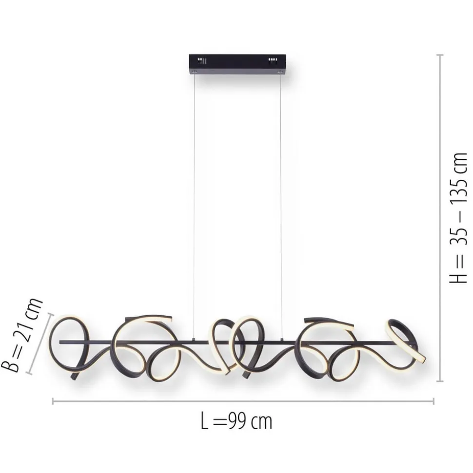 Curls LED-hængelampe, sort, metal, 99 cm lang, dæmpbar