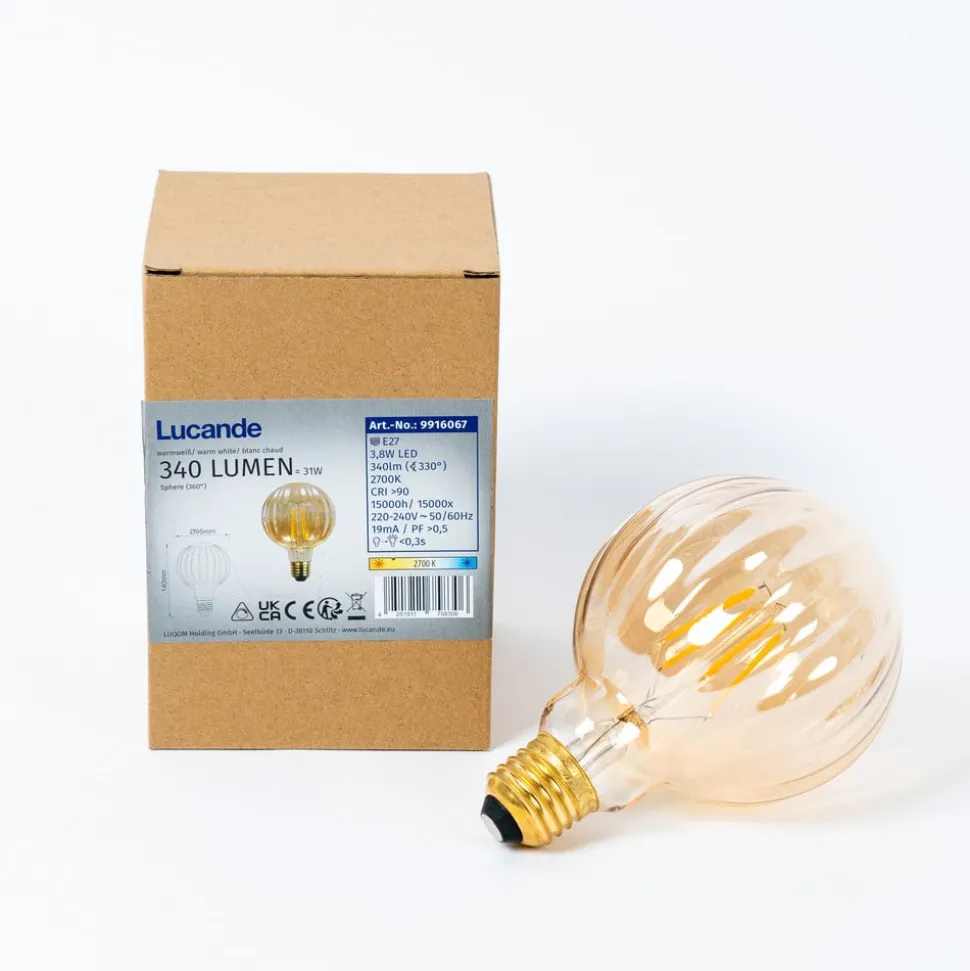 E27 3,8W LED-pære G95, 2700K, 340lm, riller ravfarvet