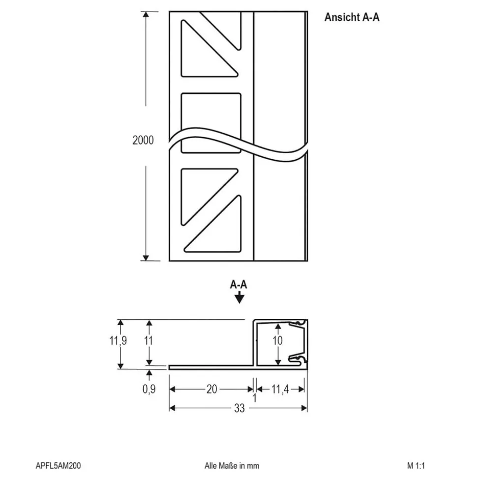 EVN APFL5 fliseprofil på siden 200 cm x 3,3 cm alu