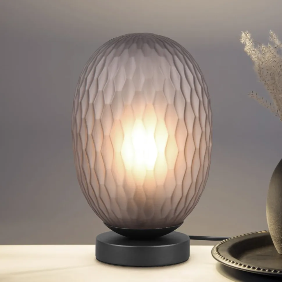 Facette bordlampe, røgfarvet grå, højde 29 cm, glas, E27