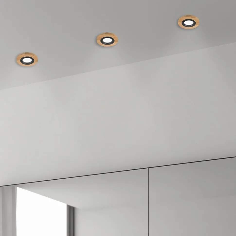 Forsænket loftlampe Tobby, Ø 10 cm, 3 stk. sæt, egetræ GU10