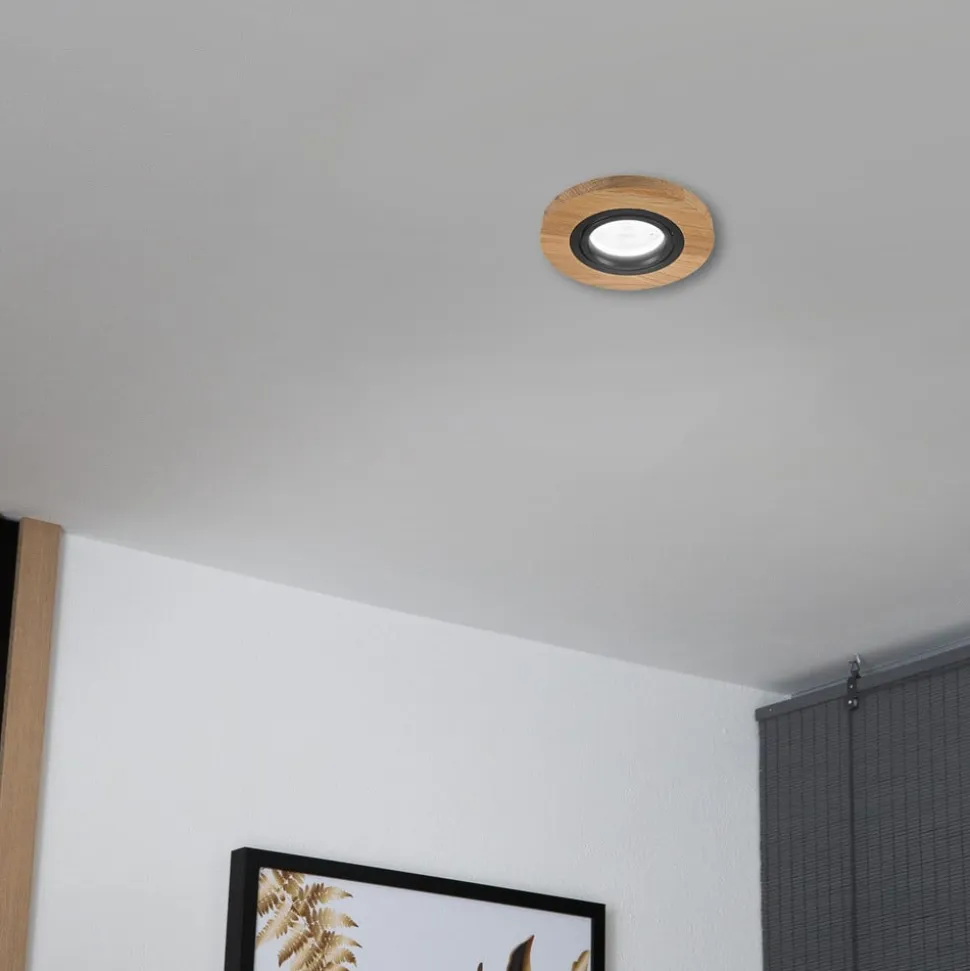 Forsænket loftlampe Tobby, Ø 10 cm, egetræ, GU10