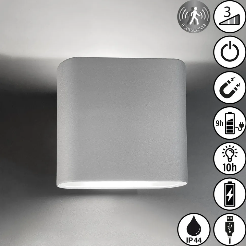 Genopladelig LED-væglampe Magnetics, sølv, op & ned, bredde 10 cm