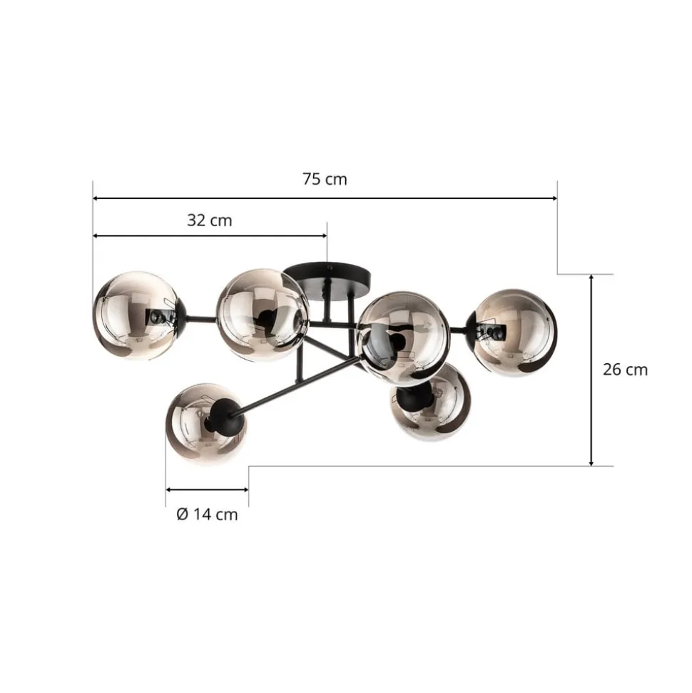 Glassy loftlampe, sort, grafit, glas, 6 lyskilder, E14