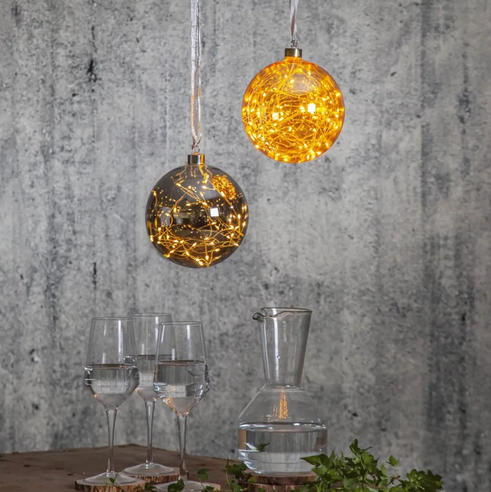 Glow LED-dekokugle af glas, Ø 15 cm, røggrå
