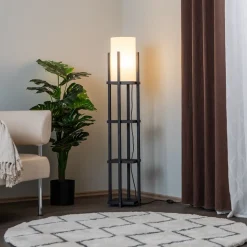 Gulvlampe 8111 sort, hylde, stofskærm hvid