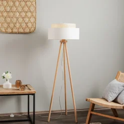 Gulvlampe Boho, treben creme-hvid/rattan