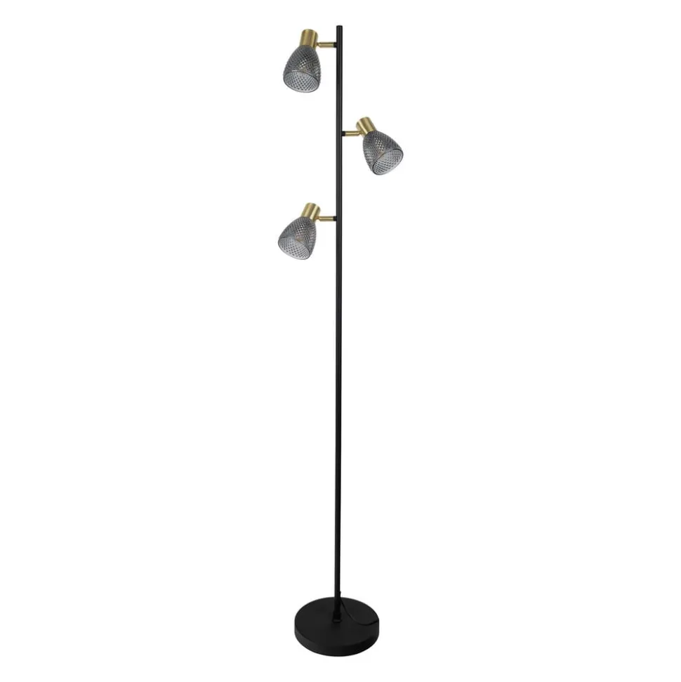 Gulvlampe Lindita, 3 lyskilder, glas, jern, røggrå, E14