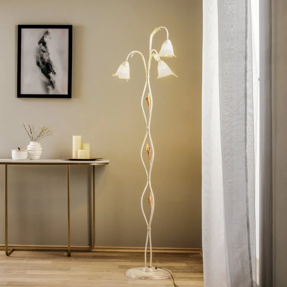 Gulvlampe Lucrezia i elfenben med blomsterlampeskærm