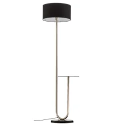 Gulvlampe Pongo med stofskærm og hylde