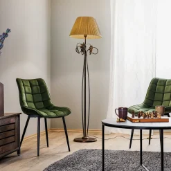Gulvlampe Quercia, stofskærm og egeblade