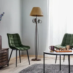 Gulvlampe Quercia, stofskærm og egeblade