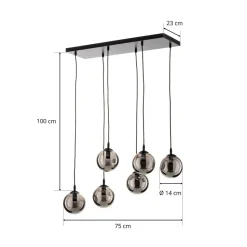 Hængelampe Glassy, 6 lyskilder, sort, grafit, glas, 75 cm