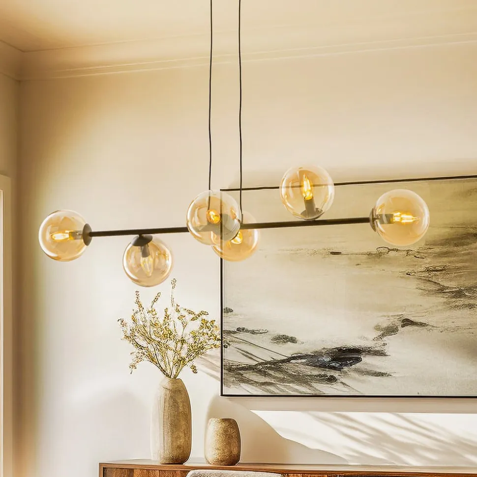 Hængelampe Glassy, 6 lyskilder, sort, ravfarvet, glas, 110 cm