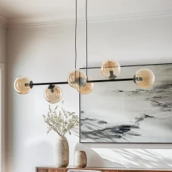 Hængelampe Glassy, 6 lyskilder, sort, ravfarvet, glas, 110 cm