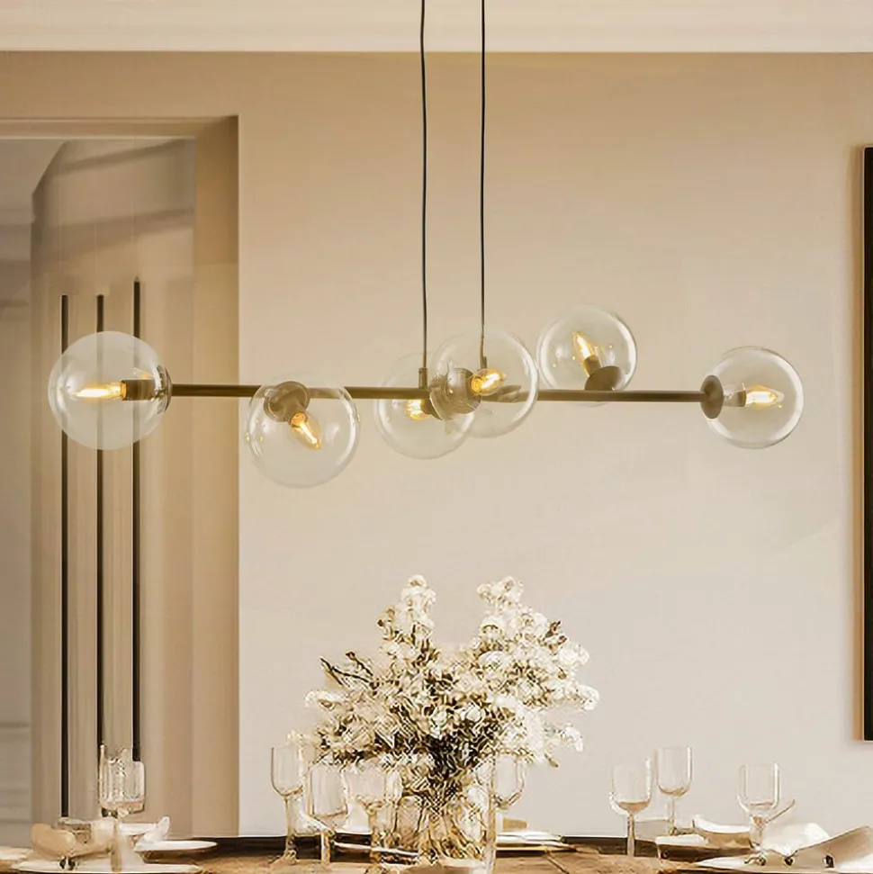 Hængelampe Glassy, 6 lyskilder, sort, klar, glas, 110 cm
