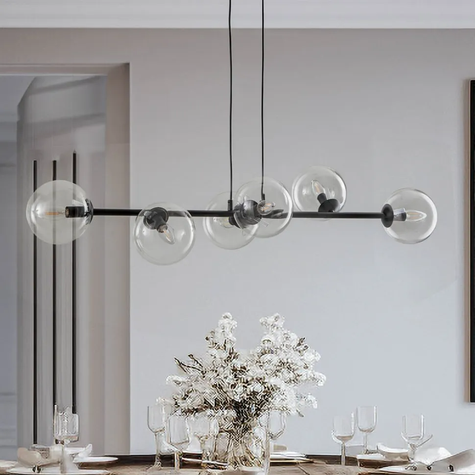Hængelampe Glassy, 6 lyskilder, sort, klar, glas, 110 cm