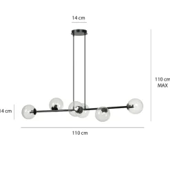 Hængelampe Glassy, 6 lyskilder, sort, klar, glas, 110 cm