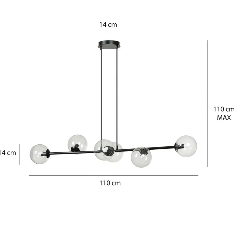 Hængelampe Glassy, 6 lyskilder, sort, klar, glas, 110 cm