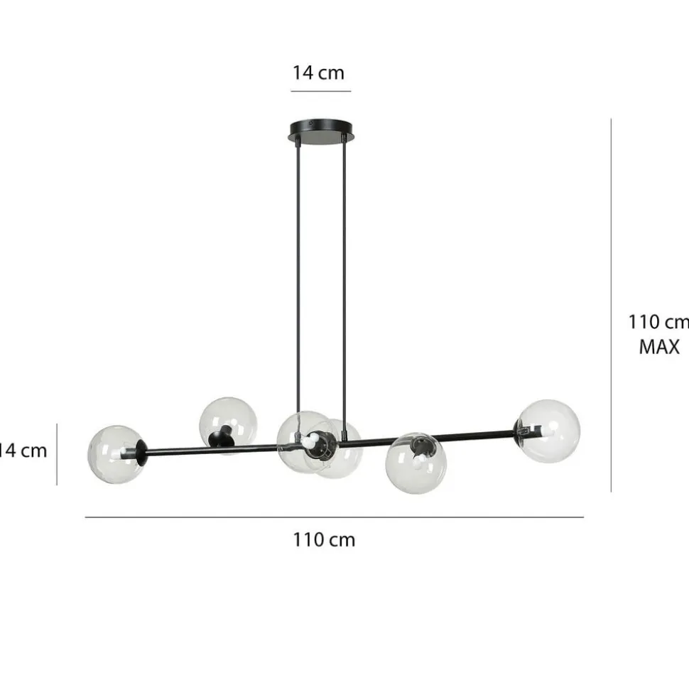 Hængelampe Glassy, 6 lyskilder, sort, klar, glas, 110 cm