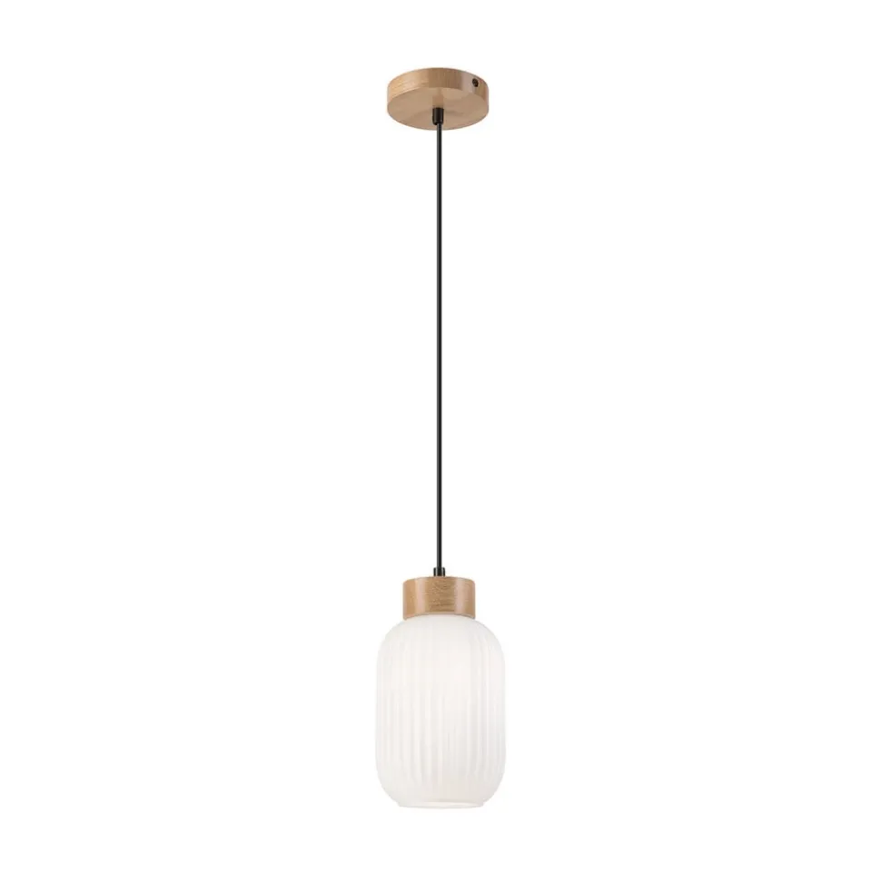 Hængelampe Harmony, Ø 14 cm, hvid/eg, glas/træ