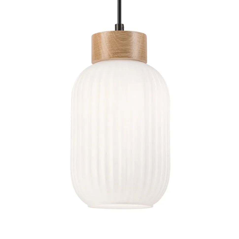 Hængelampe Harmony, Ø 14 cm, hvid/eg, glas/træ