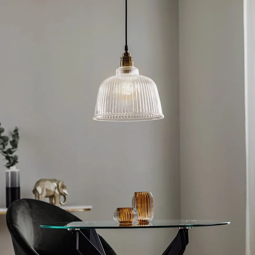 Hængelampe Leana, glas klar, 1 lyskilde, gammel messing