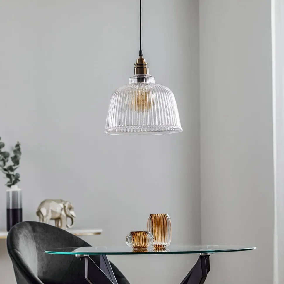 Hængelampe Leana, glas klar, 1 lyskilde, gammel messing
