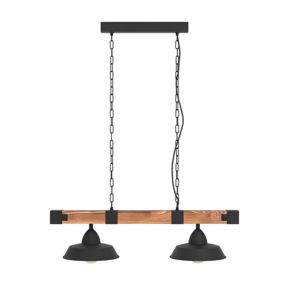Hængelampe Oldbury, sort/mørkt træ, længde 86 cm, 2 lyskilder.