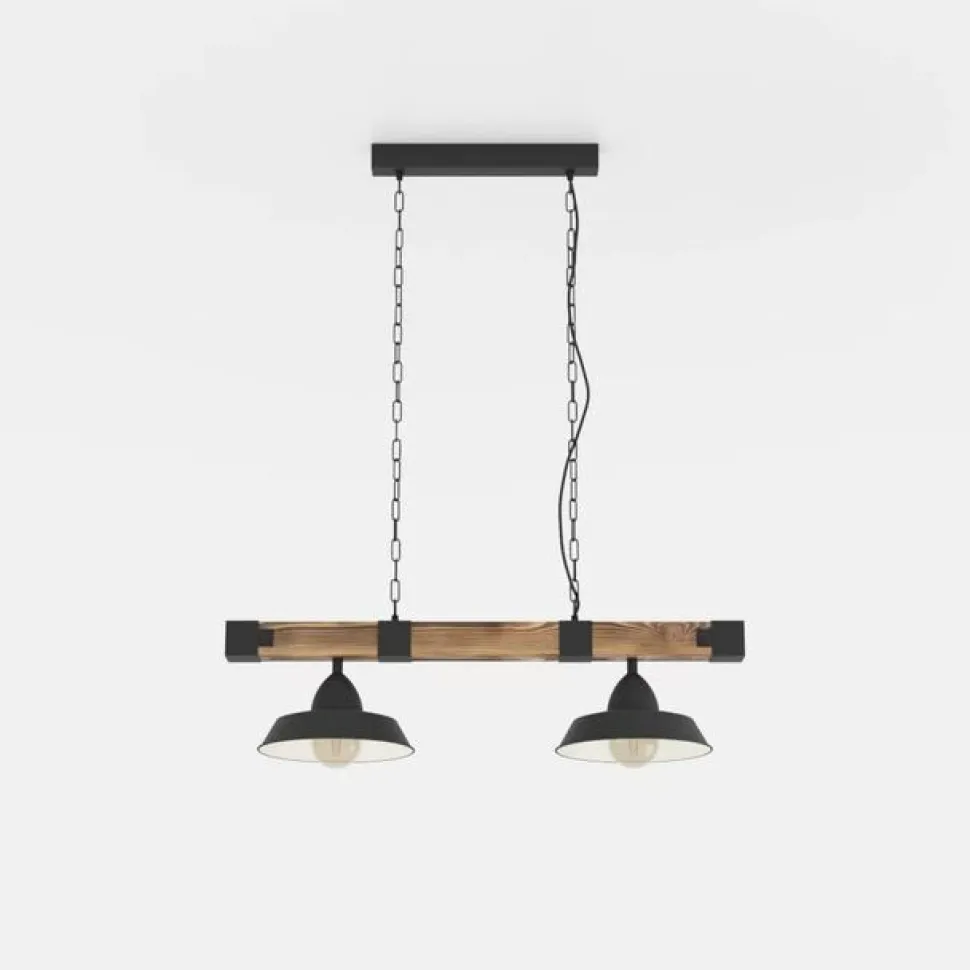 Hængelampe Oldbury, sort/mørkt træ, længde 86 cm, 2 lyskilder.