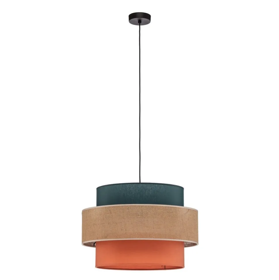 Hængelampe Trio, juteskærm, petrol/naturbrun/orange Ø 50cm