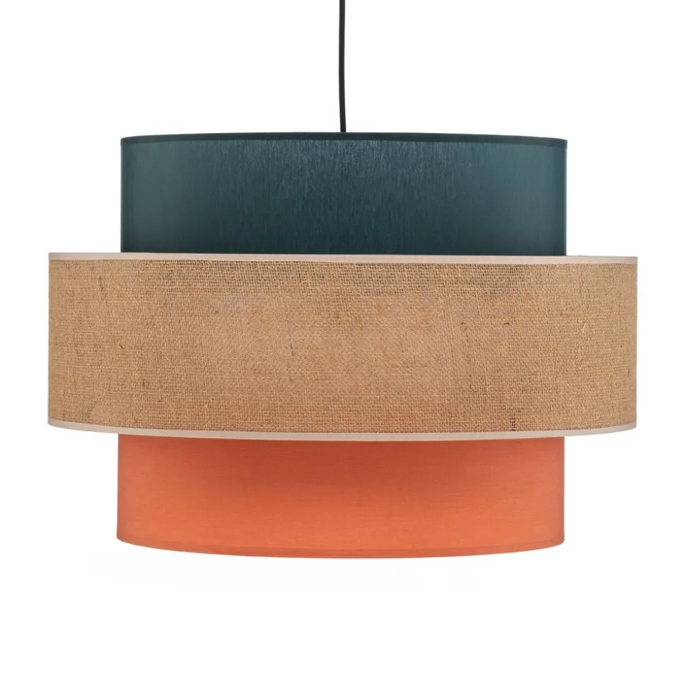 Hængelampe Trio, juteskærm, petrol/naturbrun/orange Ø 50cm