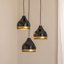 Hængelampe Yildo, 3 lyskilder, sort/guld, rund, Ø37 cm