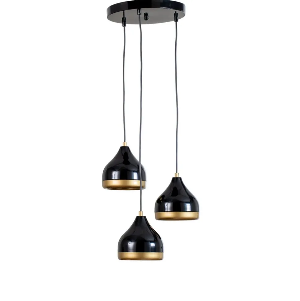 Hængelampe Yildo, 3 lyskilder, sort/guld, rund, Ø37 cm